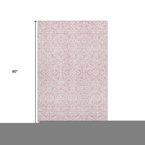 5' X 8' Pink And Ivory Damask Washable Area Rug With UV Protection