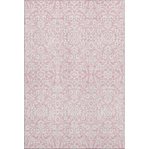5' X 8' Pink And Ivory Damask Washable Area Rug With UV Protection