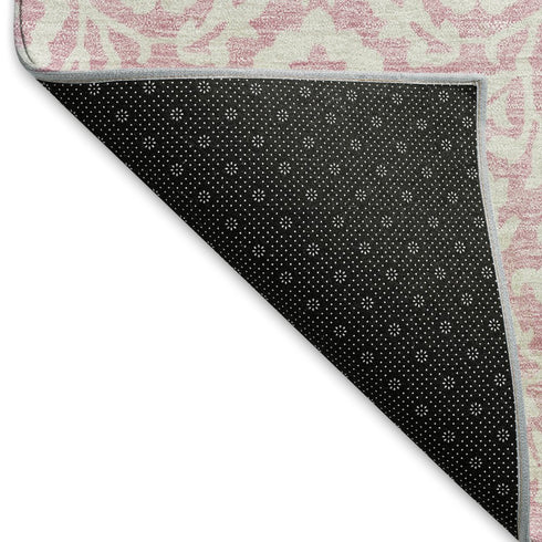 5' X 8' Pink And Ivory Damask Washable Area Rug With UV Protection