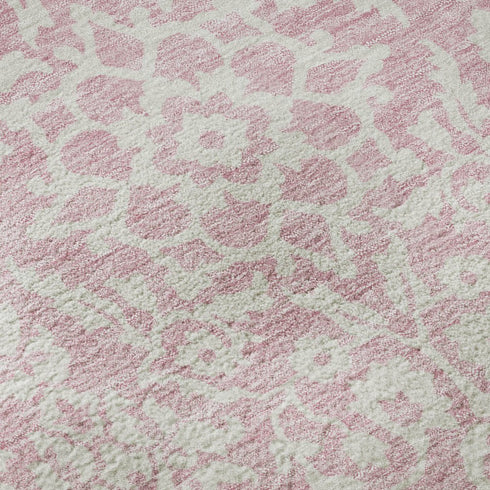 5' X 8' Pink And Ivory Damask Washable Area Rug With UV Protection