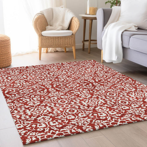 8' X 10' Red And Ivory Damask Washable Area Rug With UV Protection
