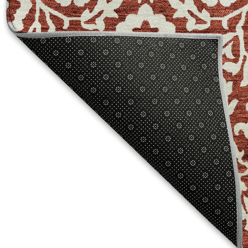 8' X 10' Red And Ivory Damask Washable Area Rug With UV Protection