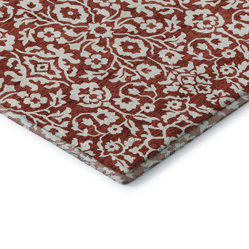 8' X 10' Red And Ivory Damask Washable Area Rug With UV Protection