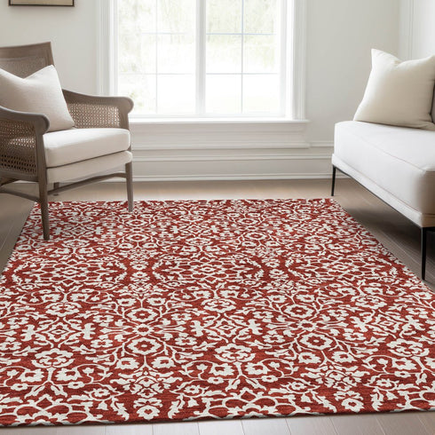 8' X 10' Red And Ivory Damask Washable Area Rug With UV Protection