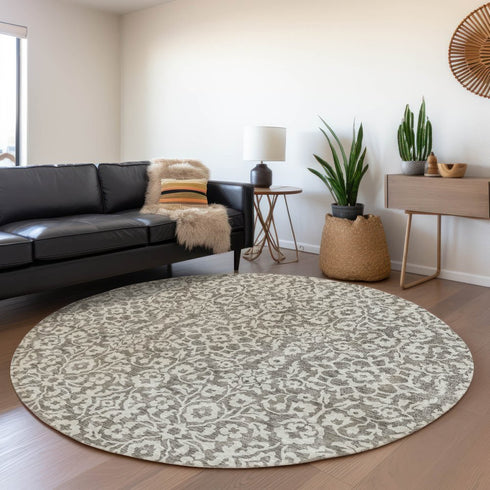 8' Taupe And Ivory Damask Washable Round Rug With UV Protection