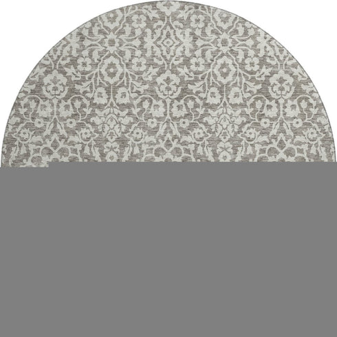 8' Taupe And Ivory Damask Washable Round Rug With UV Protection