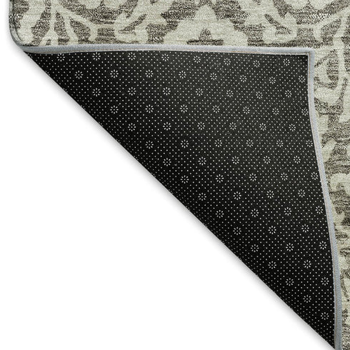 8' Taupe And Ivory Damask Washable Round Rug With UV Protection