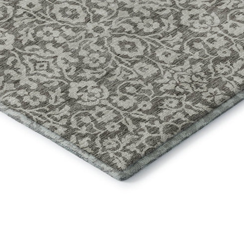 8' Taupe And Ivory Damask Washable Round Rug With UV Protection