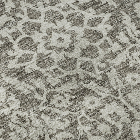 8' Taupe And Ivory Damask Washable Round Rug With UV Protection