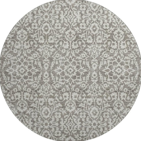 8' Taupe And Ivory Damask Washable Round Rug With UV Protection