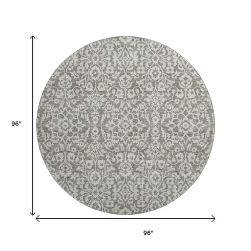 8' Taupe And Ivory Damask Washable Round Rug With UV Protection