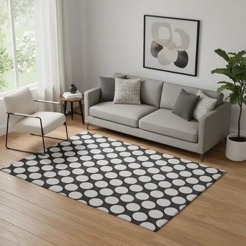 5' X 8' Black And White Polka Dot Washable Area Rug With UV Protection