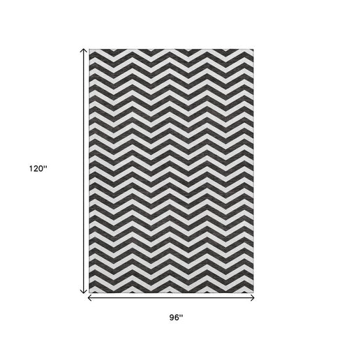8' X 10' Black And Ivory Chevron Washable Area Rug With UV Protection