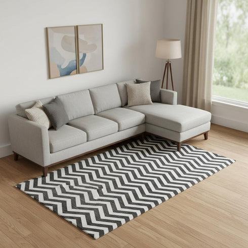 8' X 10' Black And Ivory Chevron Washable Area Rug With UV Protection