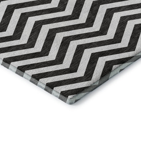 8' X 10' Black And Ivory Chevron Washable Area Rug With UV Protection
