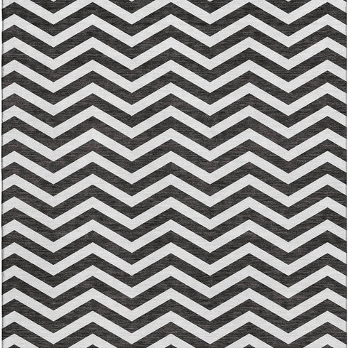 8' X 10' Black And Ivory Chevron Washable Area Rug With UV Protection