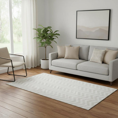 5' X 8' Ivory And Beige Chevron Washable Area Rug With UV Protection