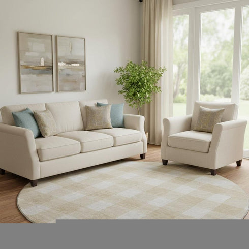 8' Beige And Ivory Plaid Washable Round Rug With UV Protection