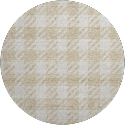 8' Beige And Ivory Plaid Washable Round Rug With UV Protection