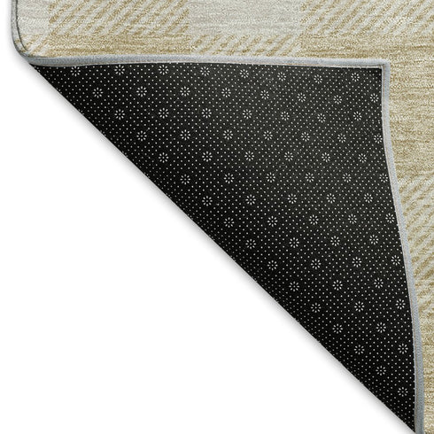 8' Beige And Ivory Plaid Washable Round Rug With UV Protection