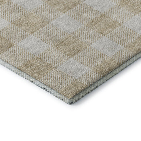 8' Beige And Ivory Plaid Washable Round Rug With UV Protection