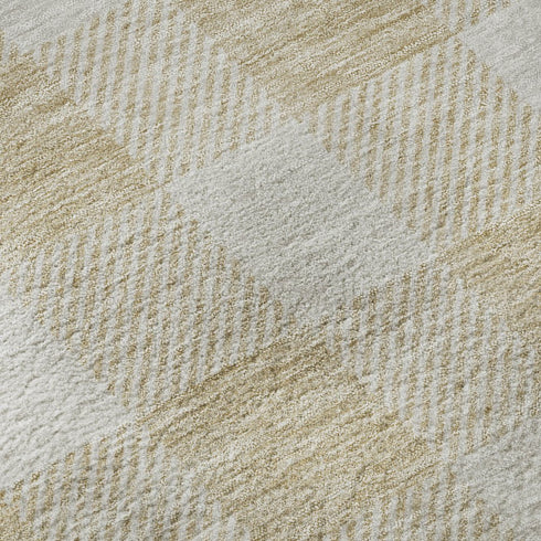 8' Beige And Ivory Plaid Washable Round Rug With UV Protection