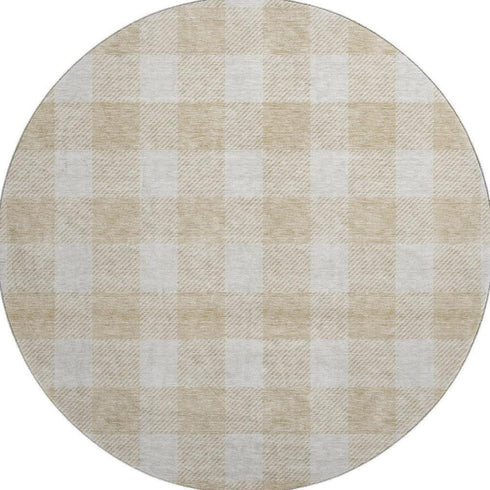 8' Beige And Ivory Plaid Washable Round Rug With UV Protection