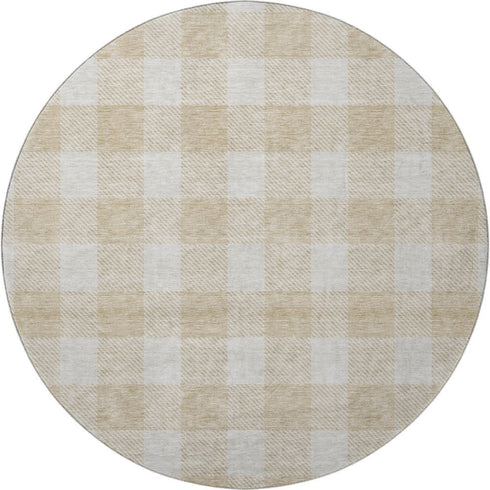 8' Beige And Ivory Plaid Washable Round Rug With UV Protection