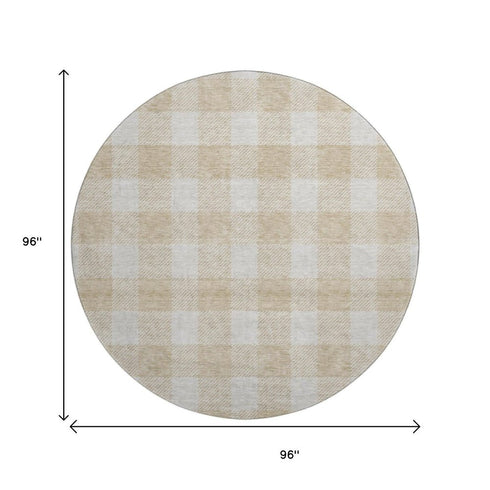 8' Beige And Ivory Plaid Washable Round Rug With UV Protection