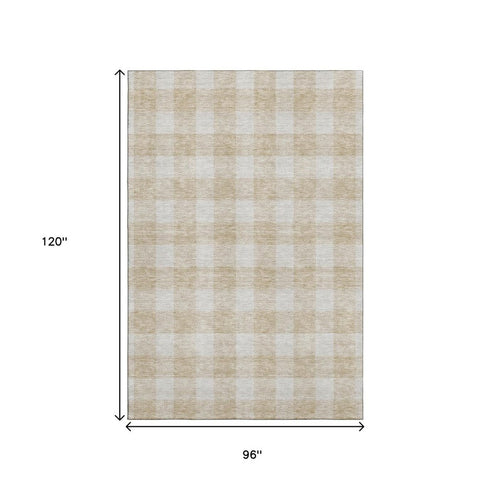 8' X 10' Beige And Ivory Plaid Washable Area Rug With UV Protection
