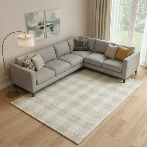 8' X 10' Beige And Ivory Plaid Washable Area Rug With UV Protection