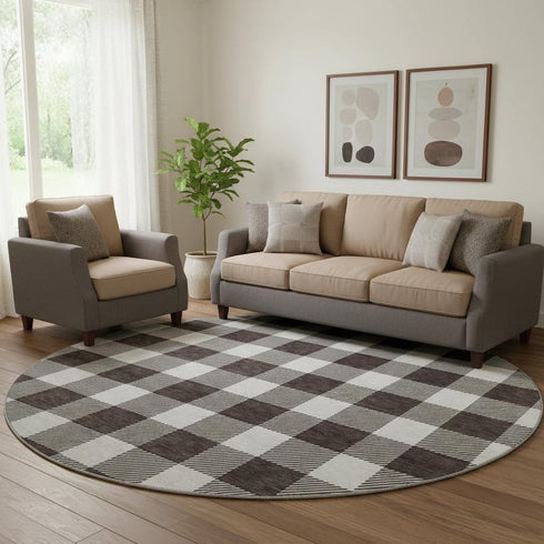 8' Black And Ivory Plaid Washable Round Rug With UV Protection