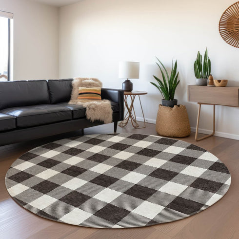 8' Black And Ivory Plaid Washable Round Rug With UV Protection