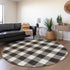 8' Black And Ivory Plaid Washable Round Rug With UV Protection