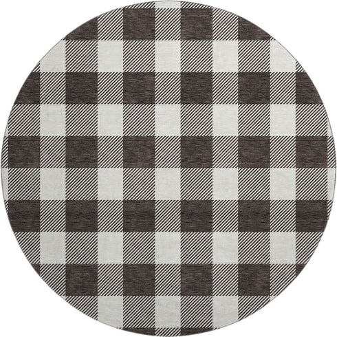 8' Black And Ivory Plaid Washable Round Rug With UV Protection