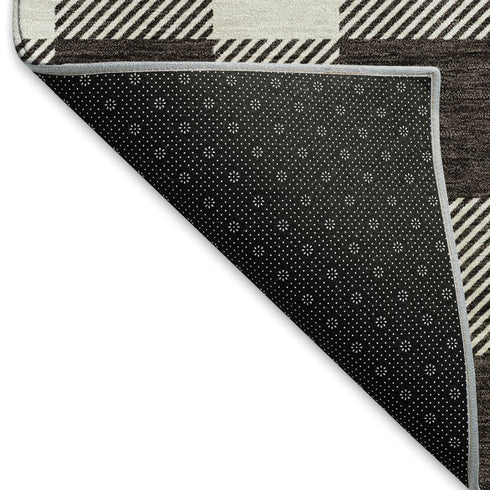 8' Black And Ivory Plaid Washable Round Rug With UV Protection