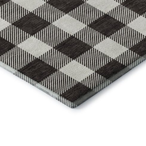 8' Black And Ivory Plaid Washable Round Rug With UV Protection