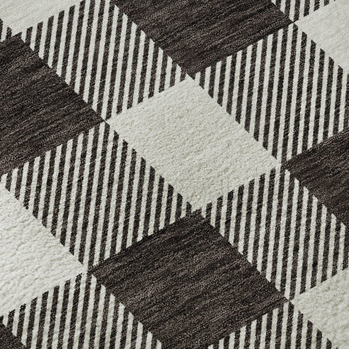8' Black And Ivory Plaid Washable Round Rug With UV Protection