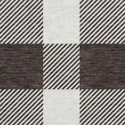 8' Black And Ivory Plaid Washable Round Rug With UV Protection