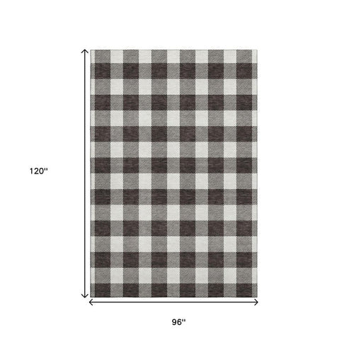 8' X 10' Black And Ivory Plaid Washable Area Rug With UV Protection