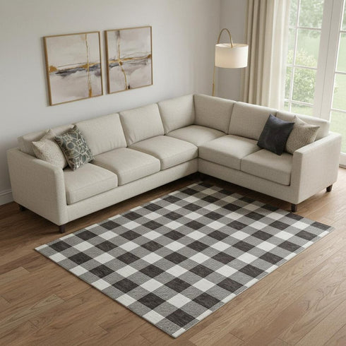 8' X 10' Black And Ivory Plaid Washable Area Rug With UV Protection