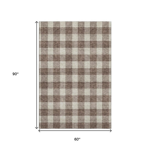 5' X 8' Brown And Beige Plaid Washable Area Rug With UV Protection