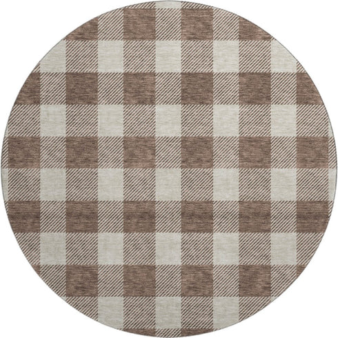 8' Brown And Beige Plaid Washable Round Rug With UV Protection