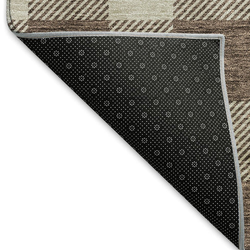 8' Brown And Beige Plaid Washable Round Rug With UV Protection