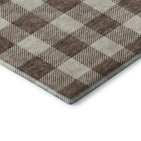 8' Brown And Beige Plaid Washable Round Rug With UV Protection