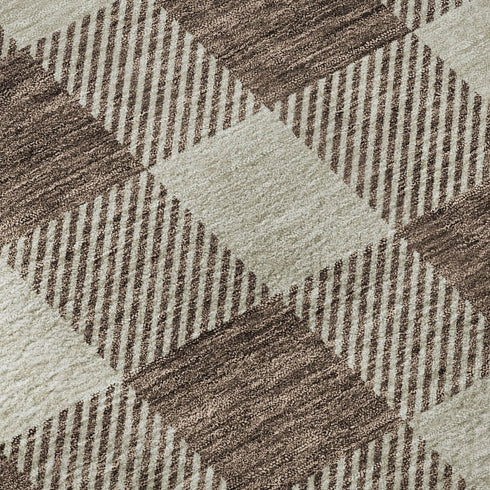 8' Brown And Beige Plaid Washable Round Rug With UV Protection