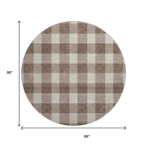 8' Brown And Beige Plaid Washable Round Rug With UV Protection