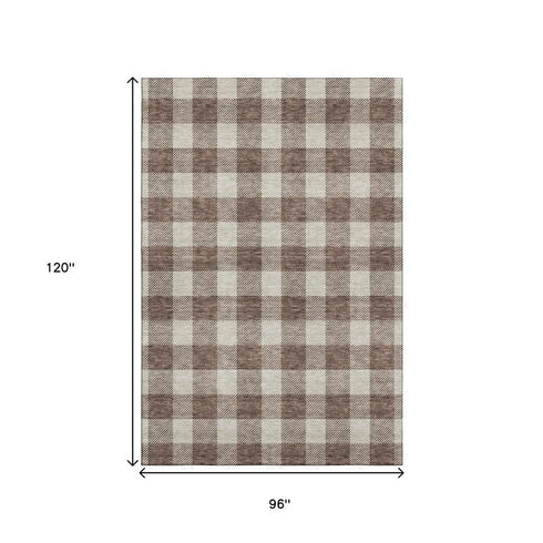 8' X 10' Brown And Beige Plaid Washable Area Rug With UV Protection