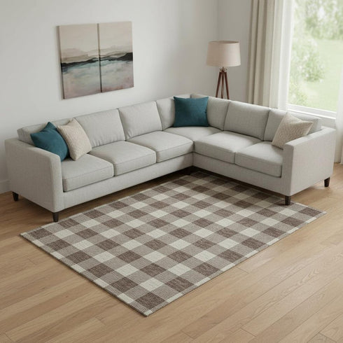 8' X 10' Brown And Beige Plaid Washable Area Rug With UV Protection