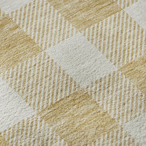 5' X 8' Gold And Ivory Plaid Washable Area Rug With UV Protection